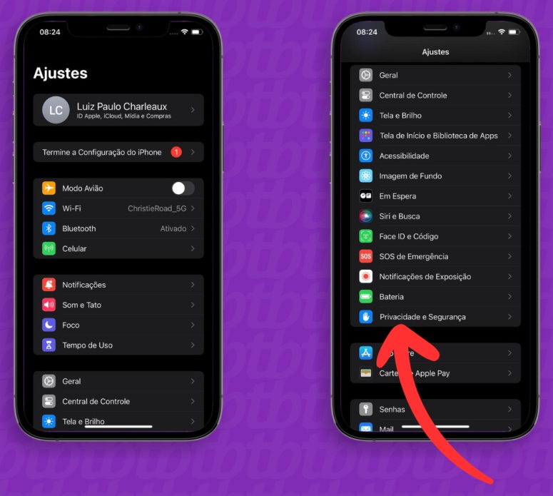 iPhone: menu Privacidade e Segurança destacado