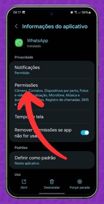 Android: opção Permissões do WhatsApp destacada