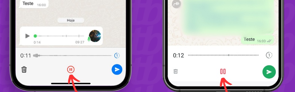 WhatsApp no iPhone e Android: botão de pausar a gravação indicado por setas